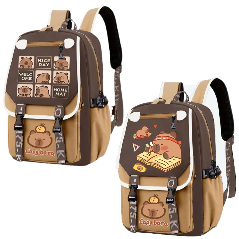 Kawaii Capybara Stylish Khaki  - مراجعة School Backpack Teen وسعره